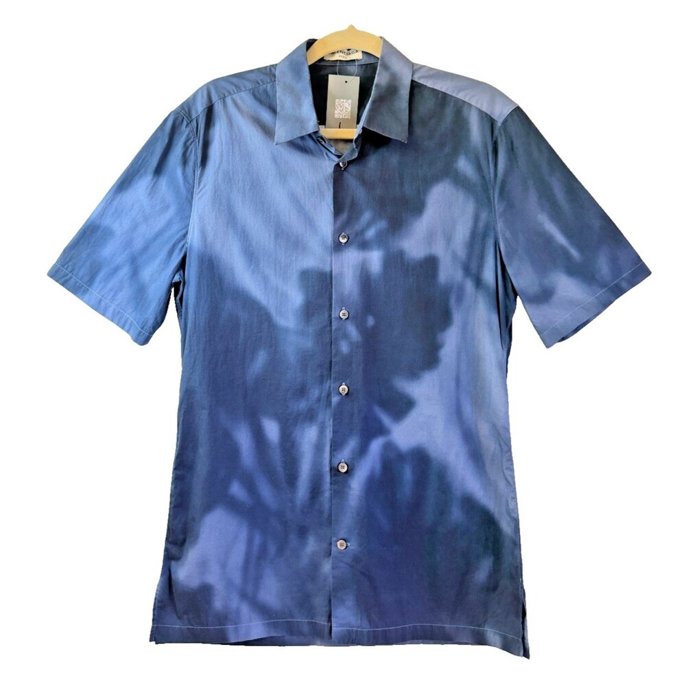 Balenciaga Paris Men's Blue Leaf Shadow Print 100% Cotton Short Sleeve Shirt 38